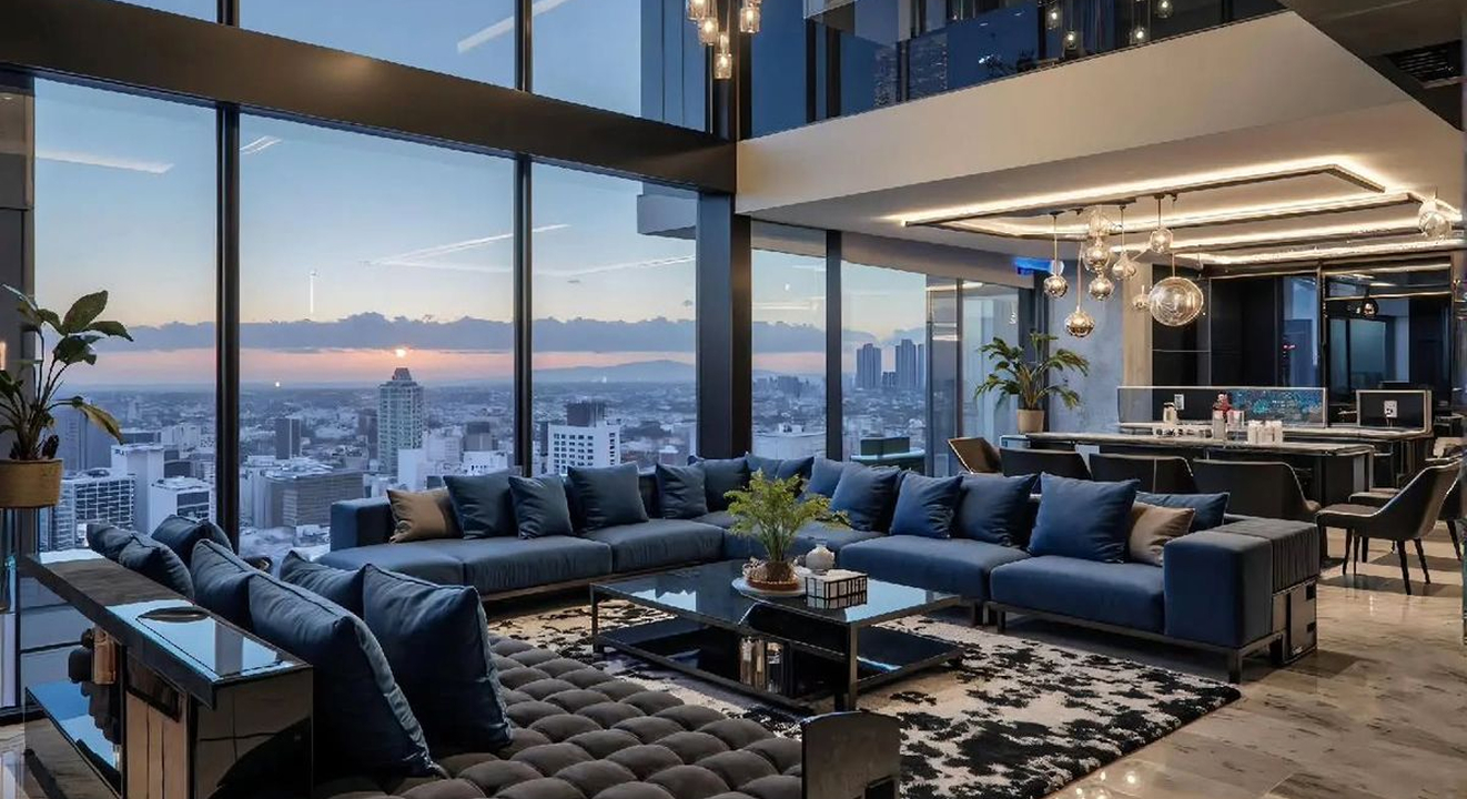 Minimalist living room interior design with floor-to-ceiling windows.