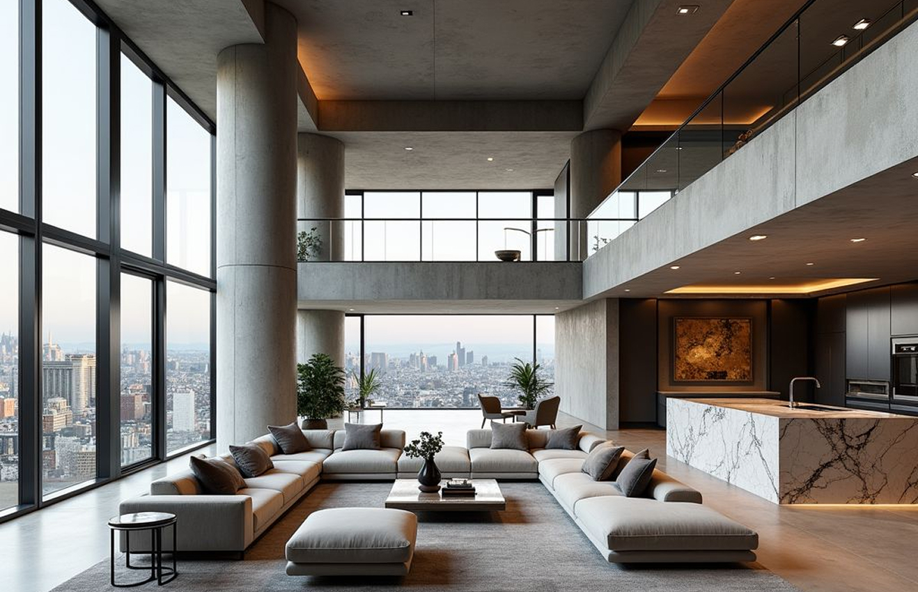Minimalist living room interior design with floor-to-ceiling windows.
