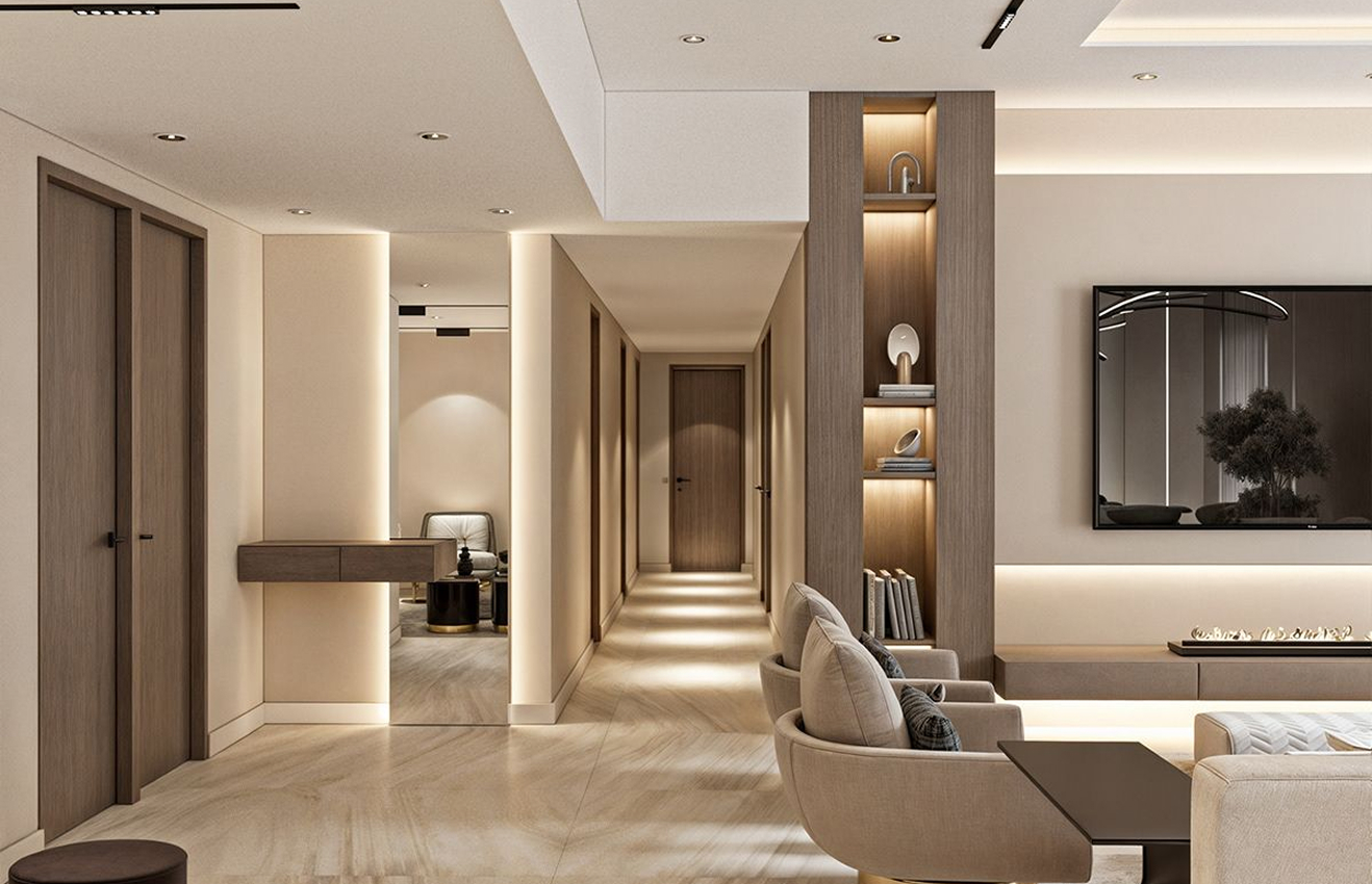 Minimalist living room interior design with floor-to-ceiling windows.