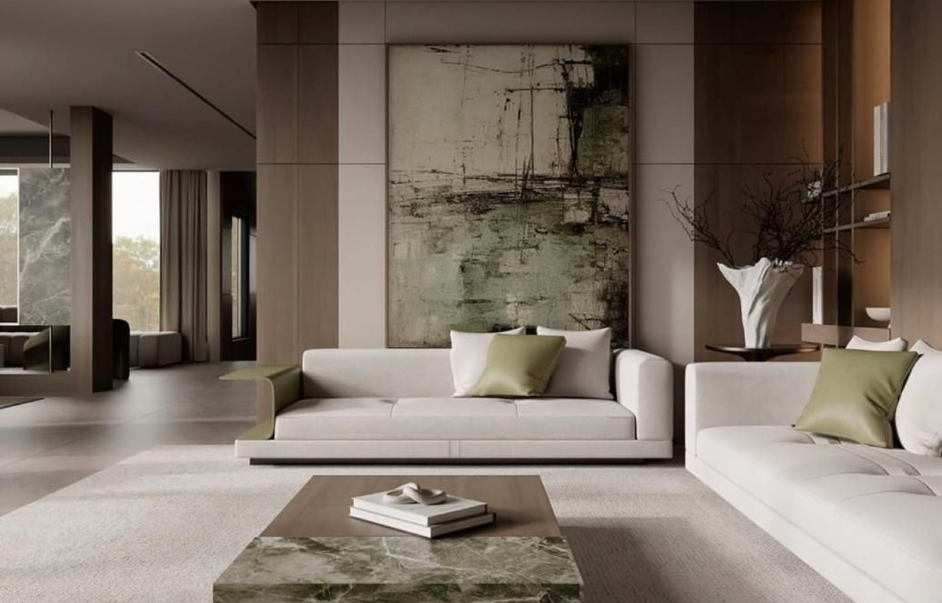 Luxury dining interior design featuring marble tabletop and contemporary seating in an Abu Dhabi villa.