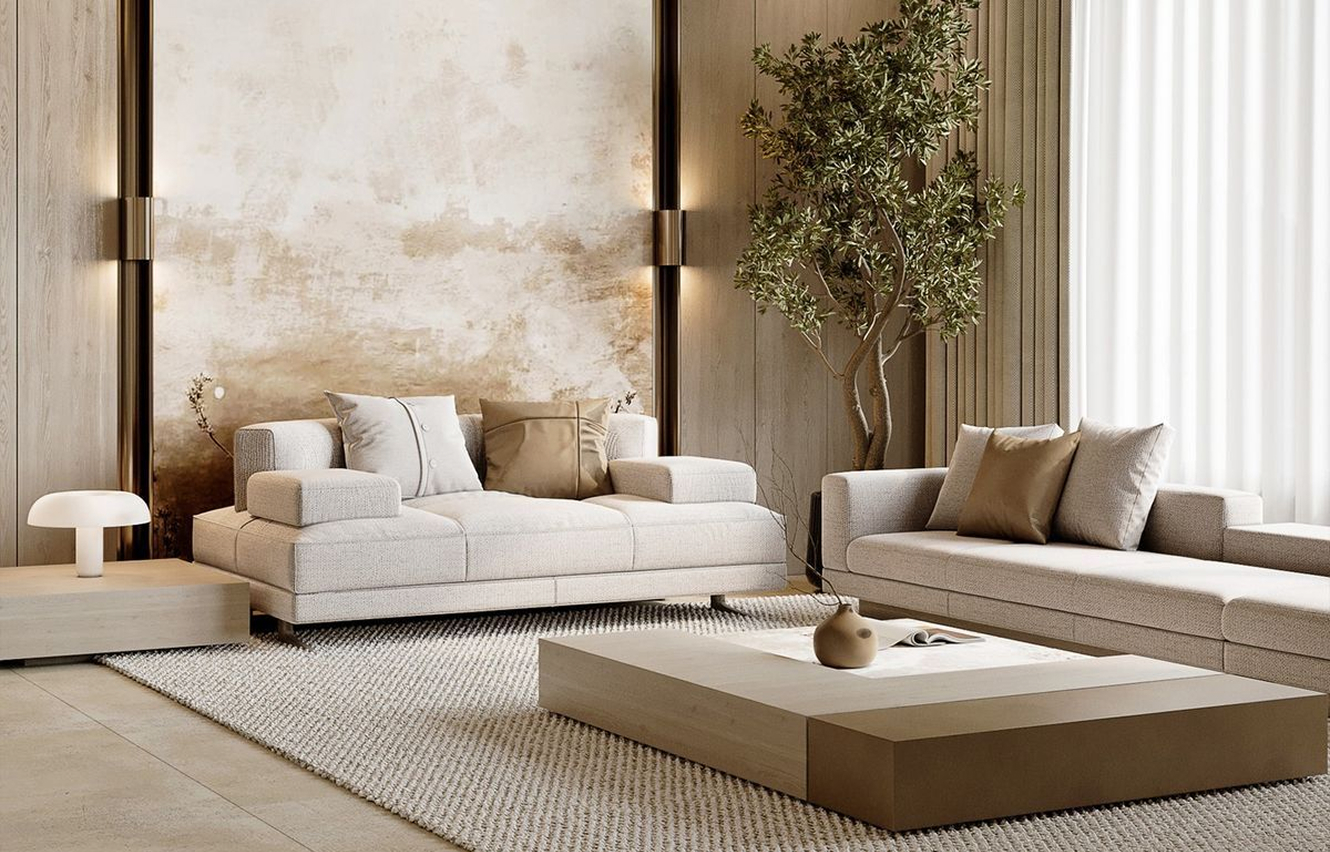 Modern living room interior featuring built-in bookshelf and bespoke joinery in Abu Dhabi.