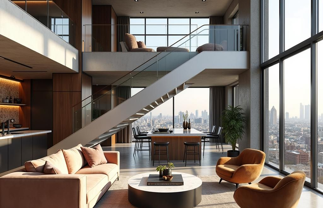 Minimalist living room interior design with floor-to-ceiling windows.