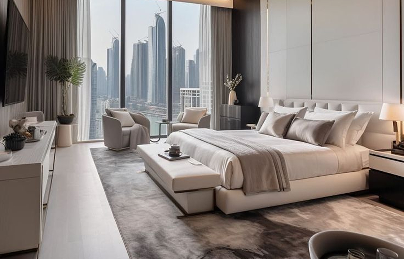 Modern living room interior featuring built-in bookshelf and bespoke joinery in Abu Dhabi.