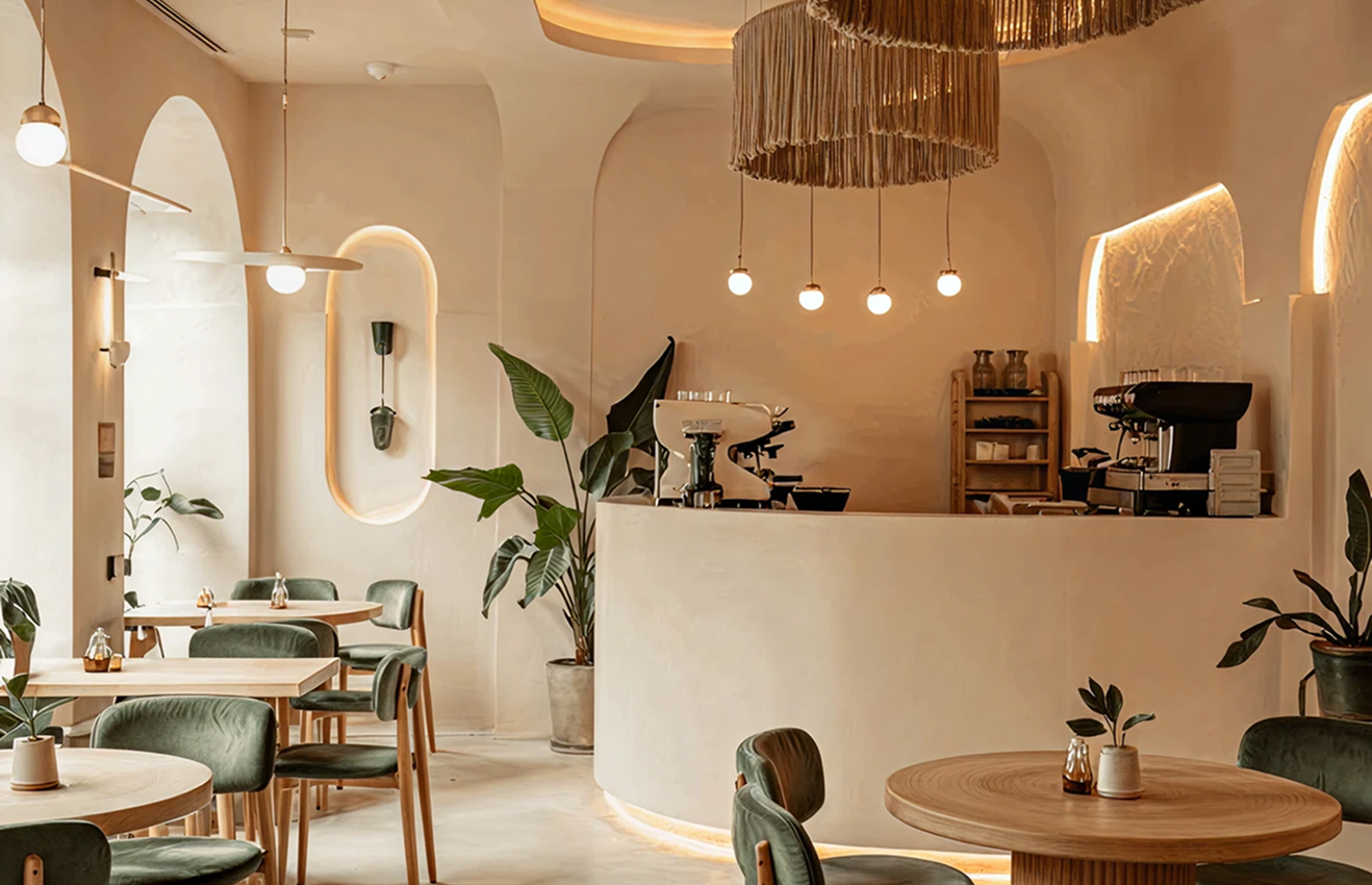 Minimalist living room interior design with floor-to-ceiling windows.