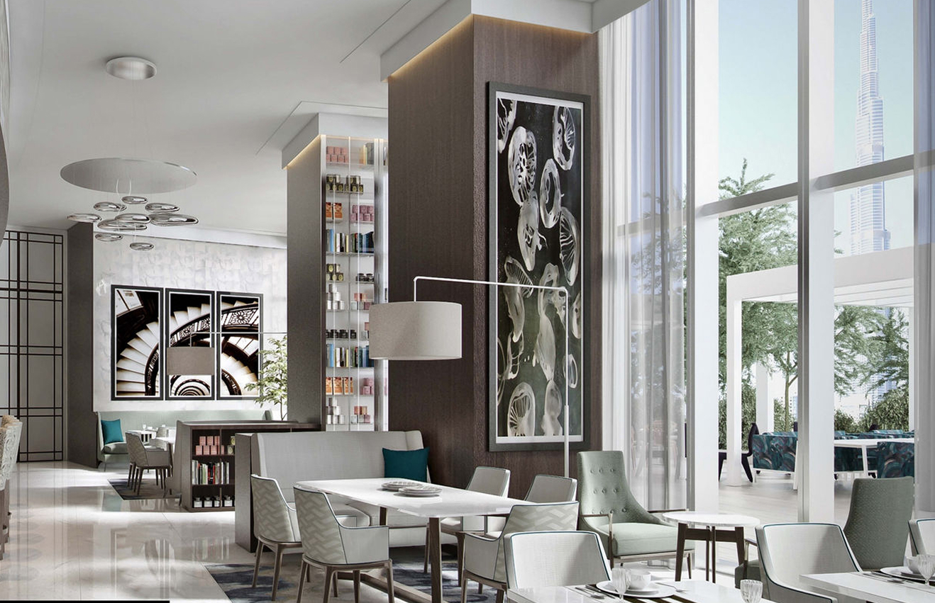 Minimalist living room interior design with floor-to-ceiling windows.