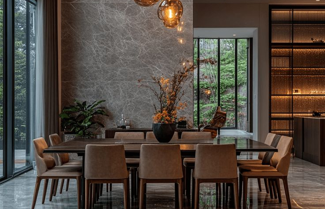Minimalist living room interior design with floor-to-ceiling windows.