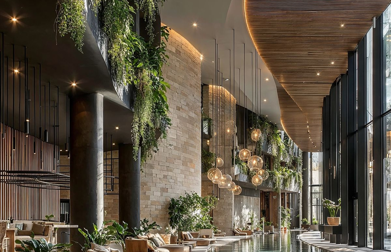 Minimalist living room interior design with floor-to-ceiling windows.