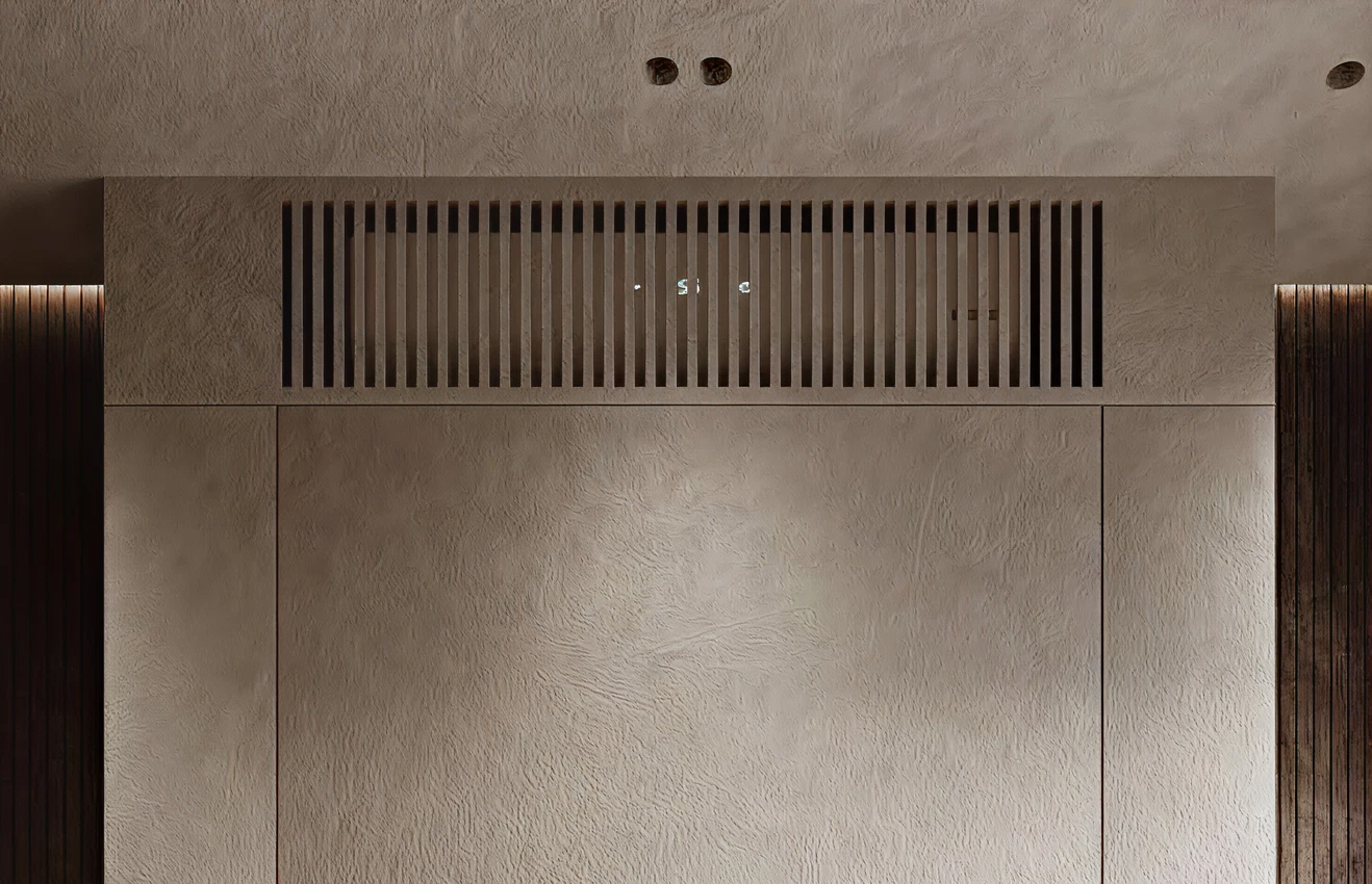 Minimalist living room interior design with floor-to-ceiling windows.