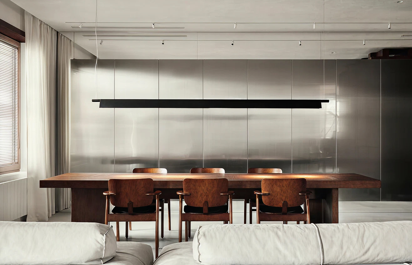 Minimalist living room interior design with floor-to-ceiling windows.