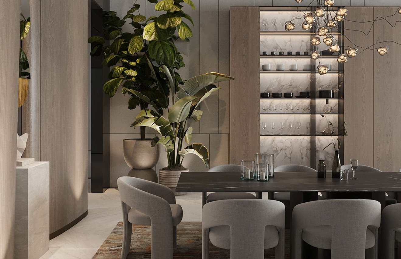 Minimalist living room interior design with floor-to-ceiling windows.