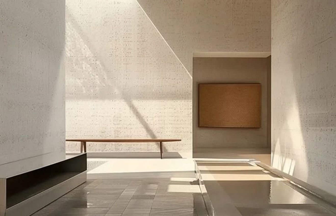 Minimalist living room interior design with floor-to-ceiling windows.