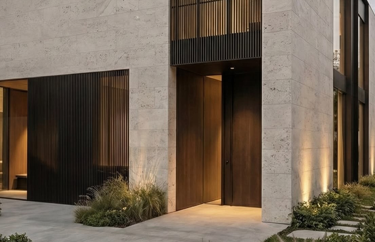 Minimalist living room interior design with floor-to-ceiling windows.