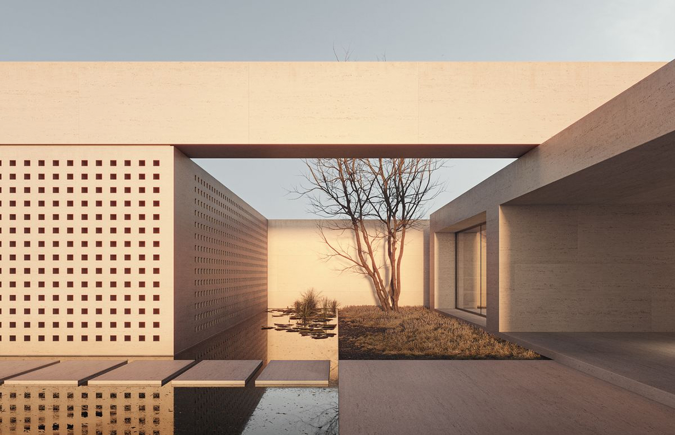 Minimalist living room interior design with floor-to-ceiling windows.