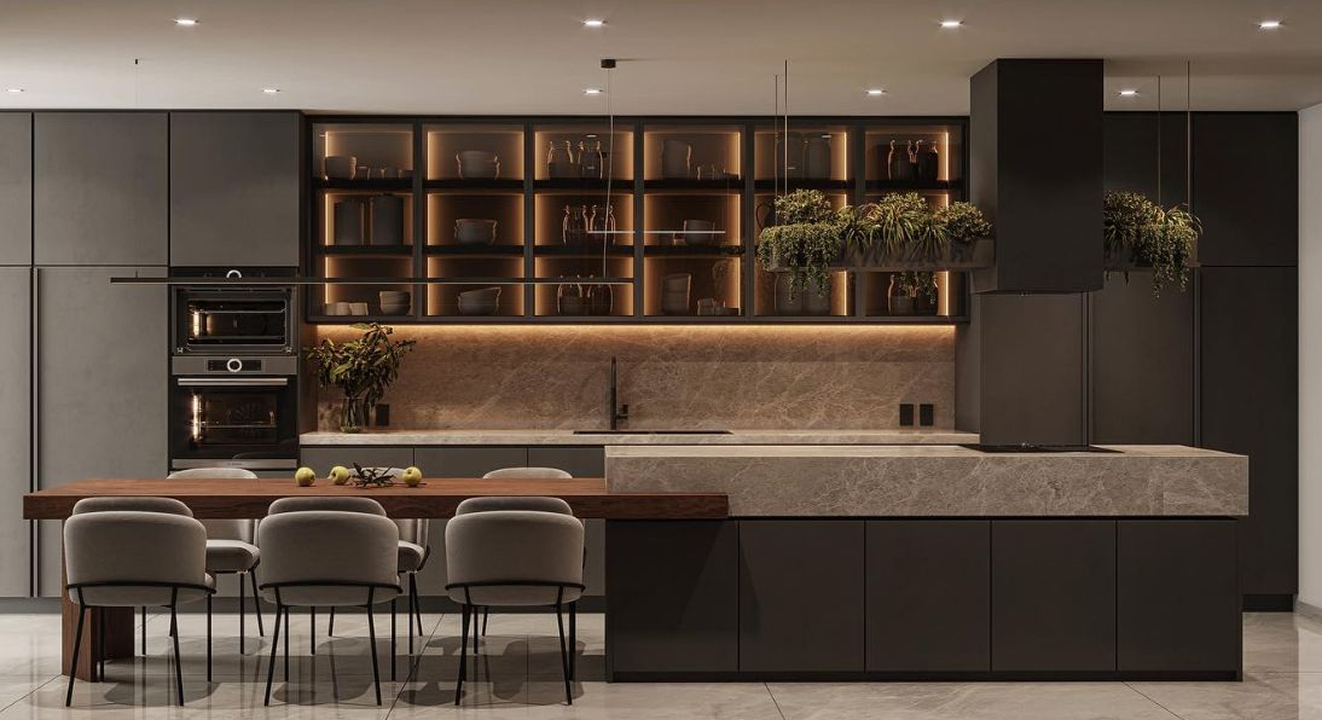 Minimalist living room interior design with floor-to-ceiling windows.