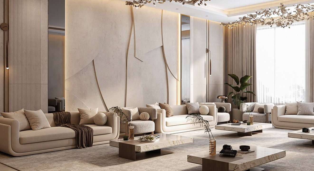 Minimalist living room interior design with floor-to-ceiling windows.