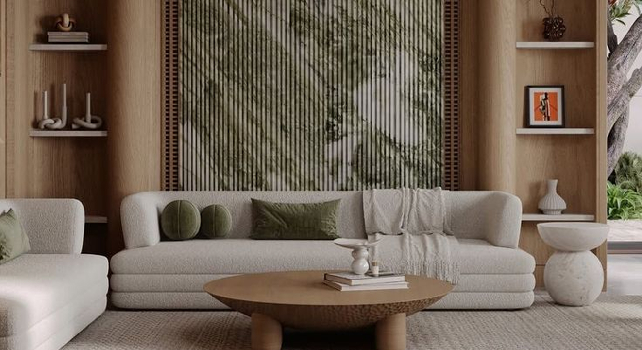 Minimalist living room interior design with floor-to-ceiling windows.