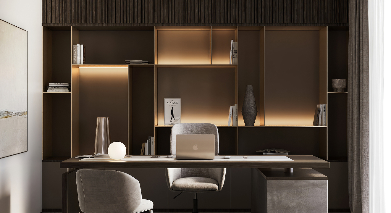 Minimalist living room interior design with floor-to-ceiling windows.