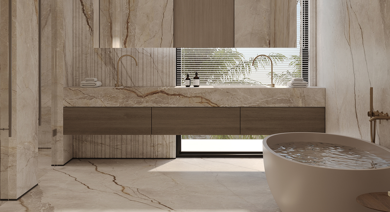 Minimalist living room interior design with floor-to-ceiling windows.