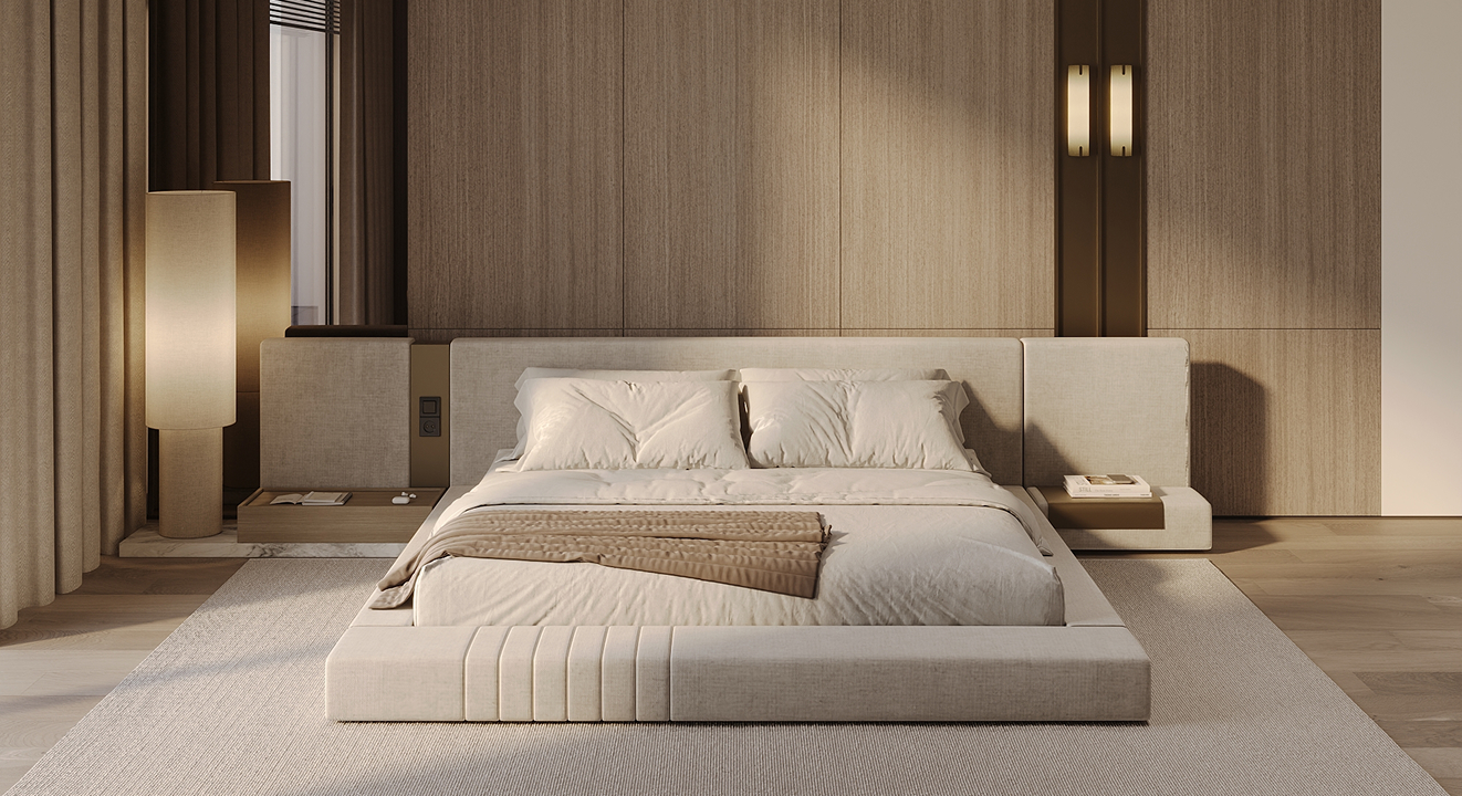 Minimalist living room interior design with floor-to-ceiling windows.