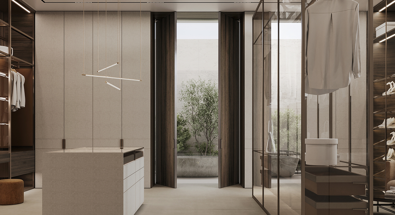 Minimalist living room interior design with floor-to-ceiling windows.