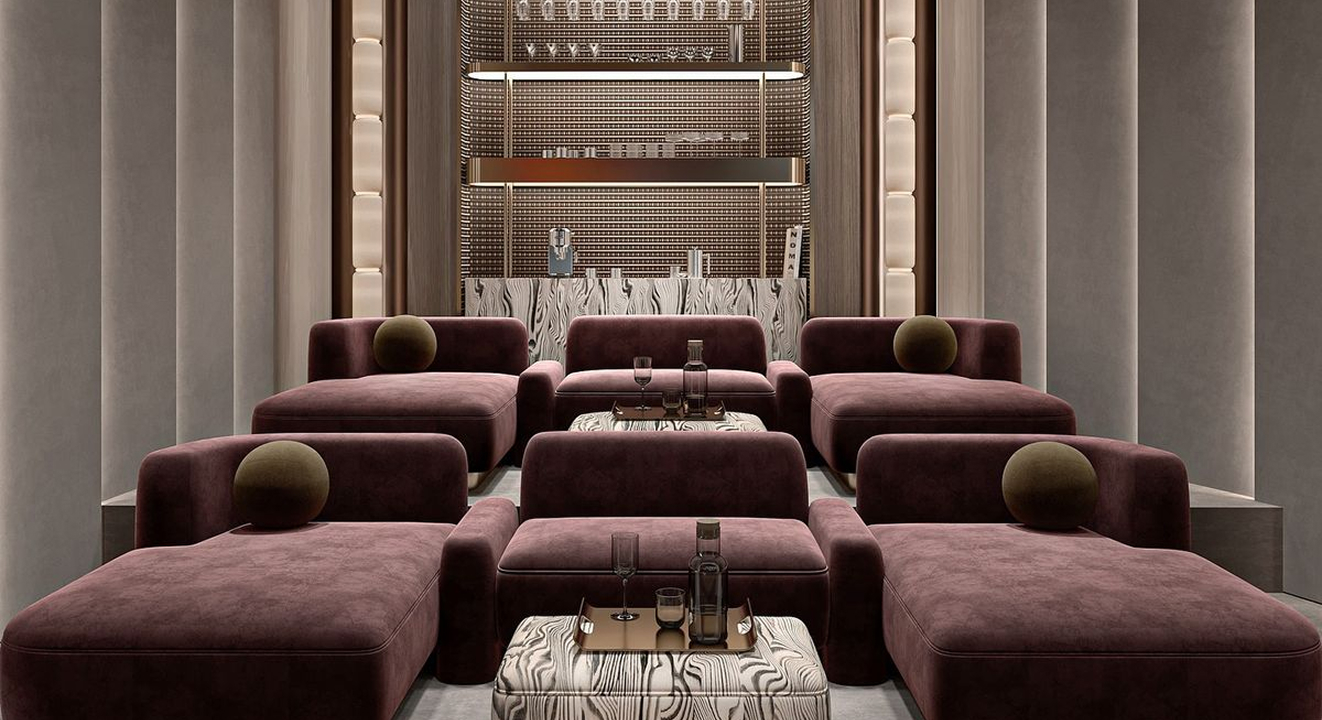 Minimalist living room interior design with floor-to-ceiling windows.