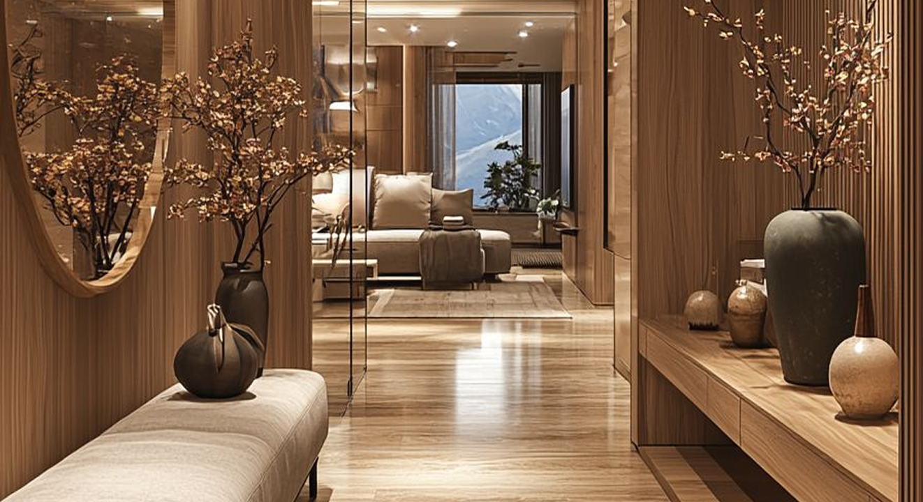 Minimalist living room interior design with floor-to-ceiling windows.