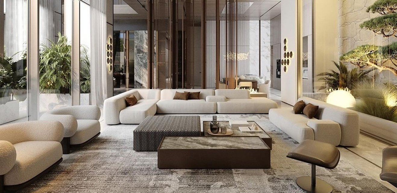 Minimalist living room interior design with floor-to-ceiling windows.