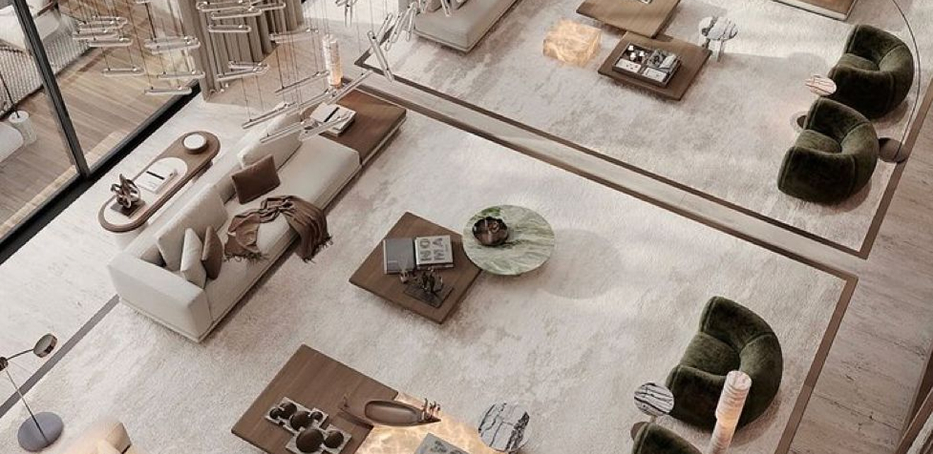 Minimalist living room interior design with floor-to-ceiling windows.