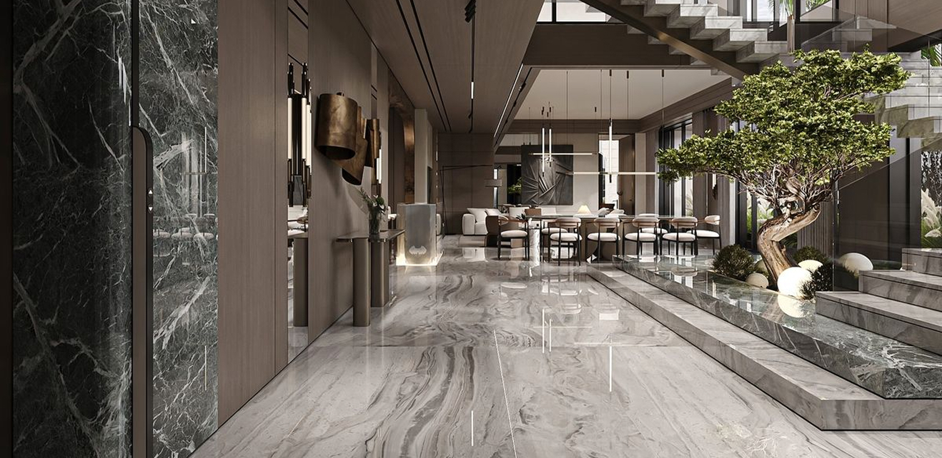 Minimalist living room interior design with floor-to-ceiling windows.