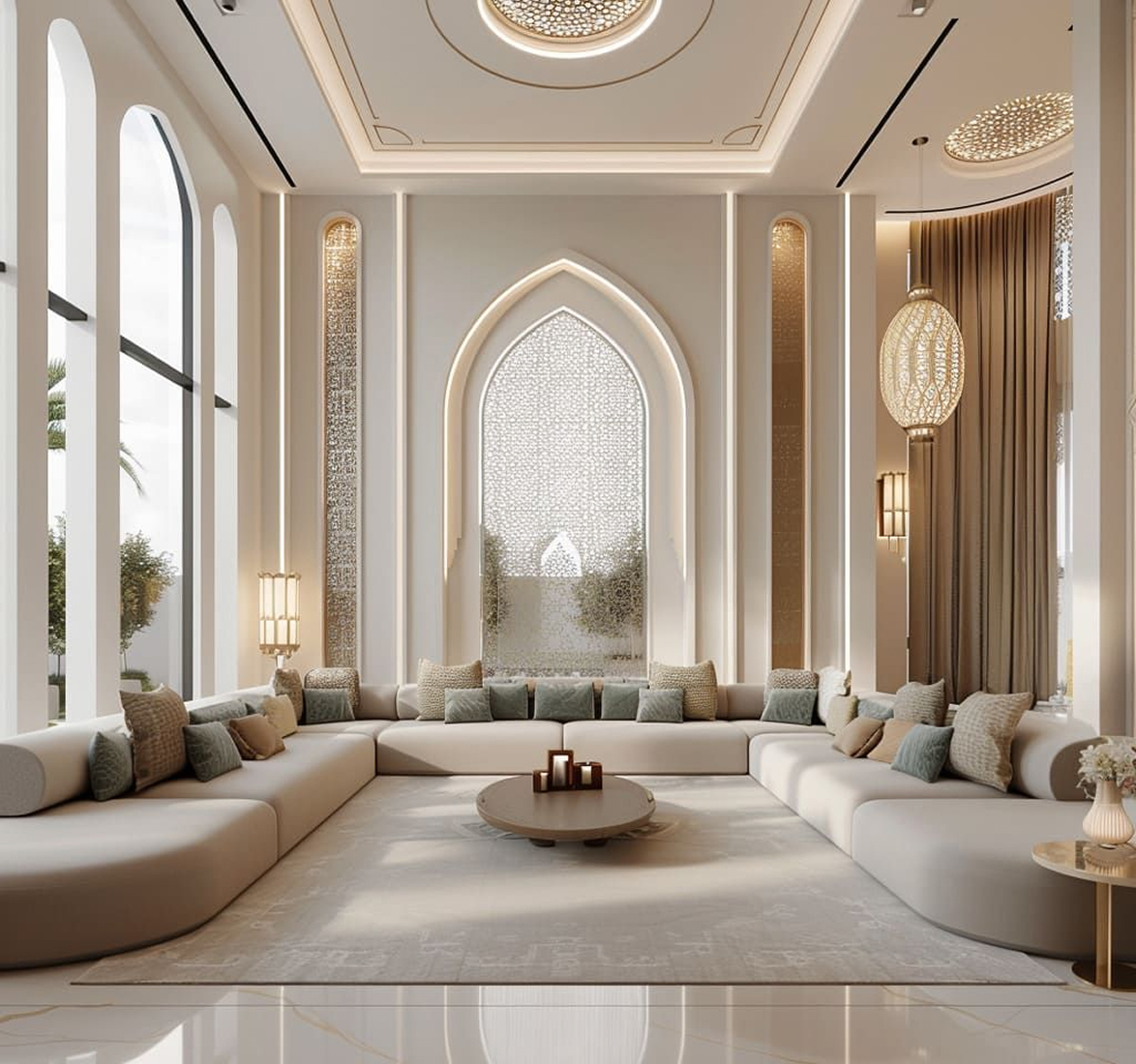 Modern majlis interior design in a luxury villa in Dubai by an award-winning interior design firm.