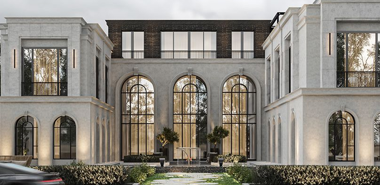Minimalist living room interior design with floor-to-ceiling windows.