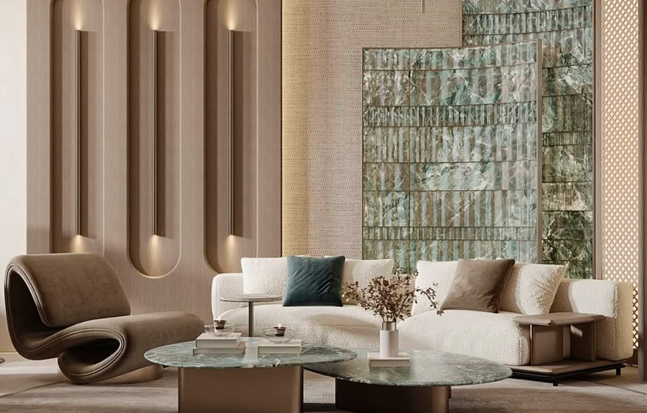 Luxury villa in Abu Dhabi featuring contemporary ceiling fixture by Rayfitout.