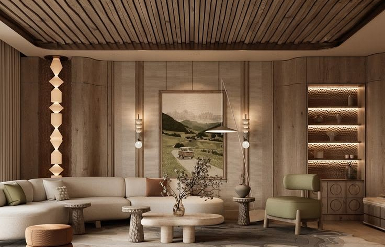 Modern living room interior featuring built-in bookshelf and bespoke joinery in Abu Dhabi.