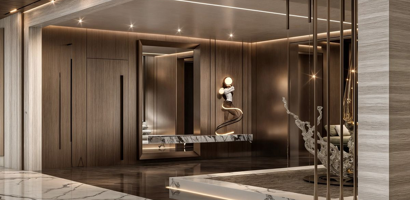 Minimalist living room interior design with floor-to-ceiling windows.