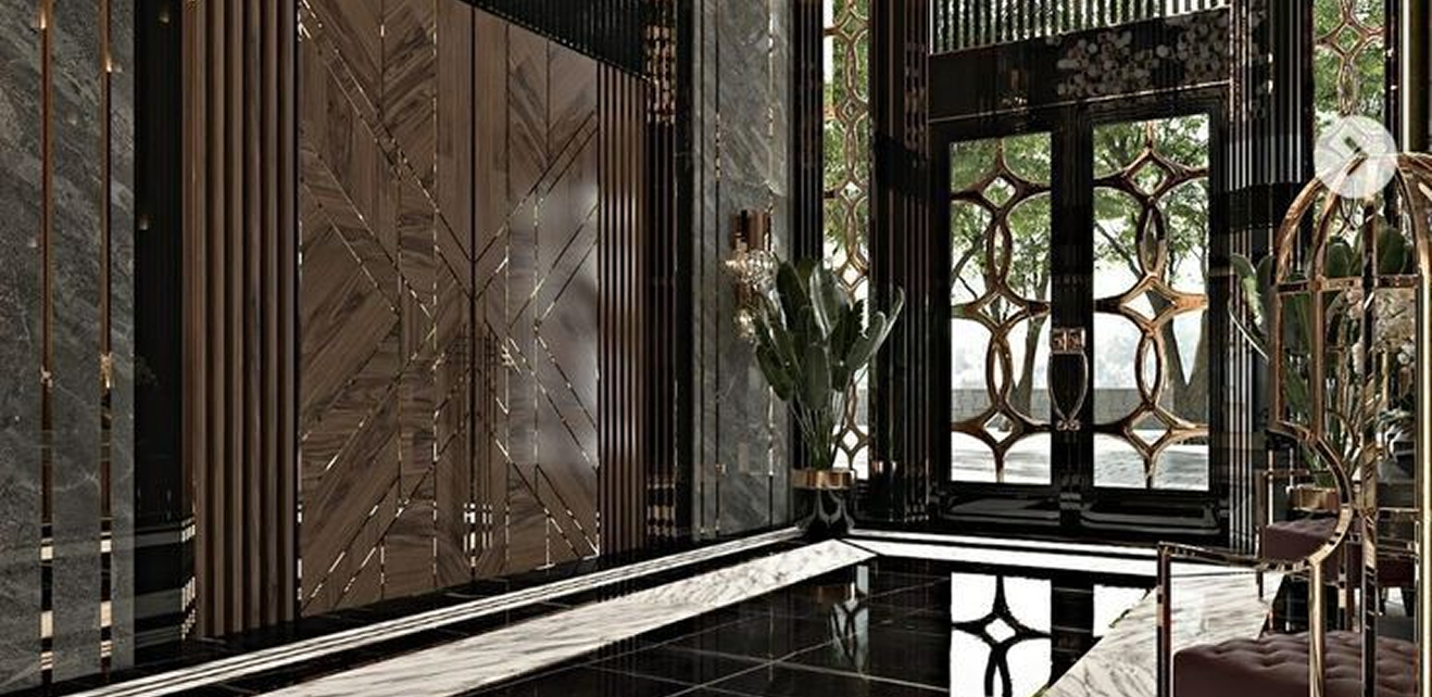 Minimalist living room interior design with floor-to-ceiling windows.