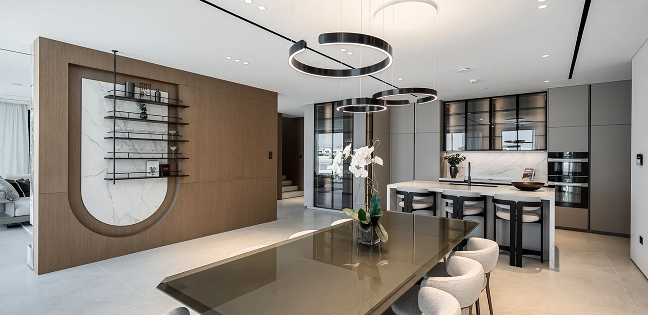 Minimalist living room interior design with floor-to-ceiling windows.