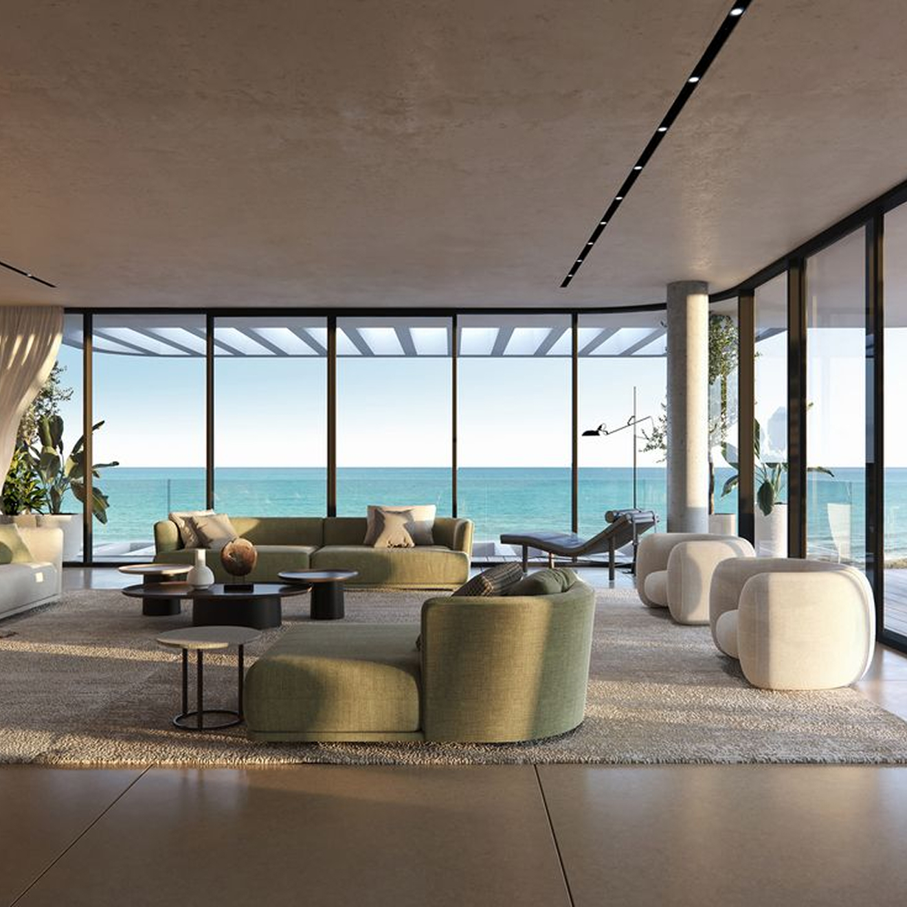 Minimalist living room interior design with floor-to-ceiling windows.