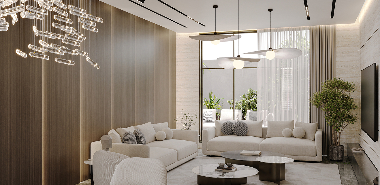 Minimalist living room interior design with floor-to-ceiling windows.