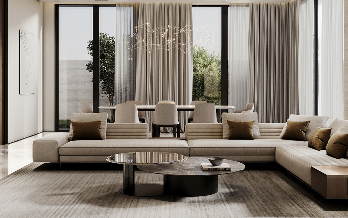 Luxury villa in Abu Dhabi featuring contemporary ceiling fixture by Rayfitout.