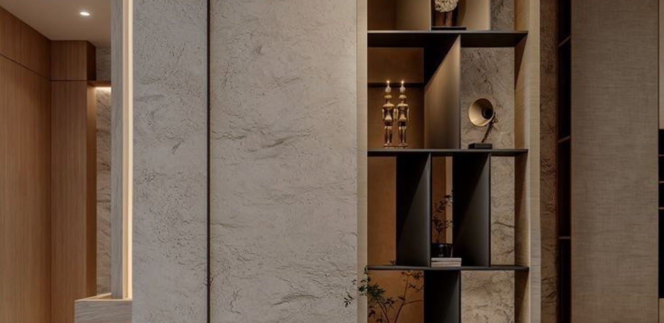 Minimalist living room interior design with floor-to-ceiling windows.