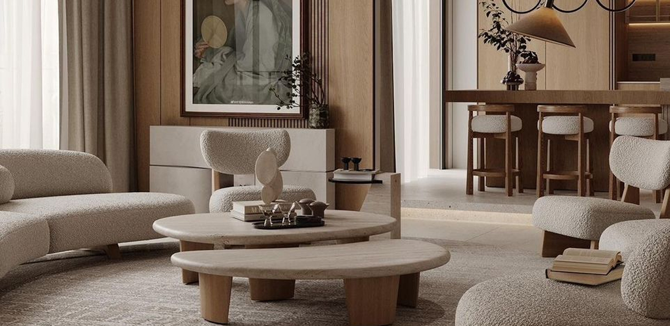 Minimalist living room interior design with floor-to-ceiling windows.