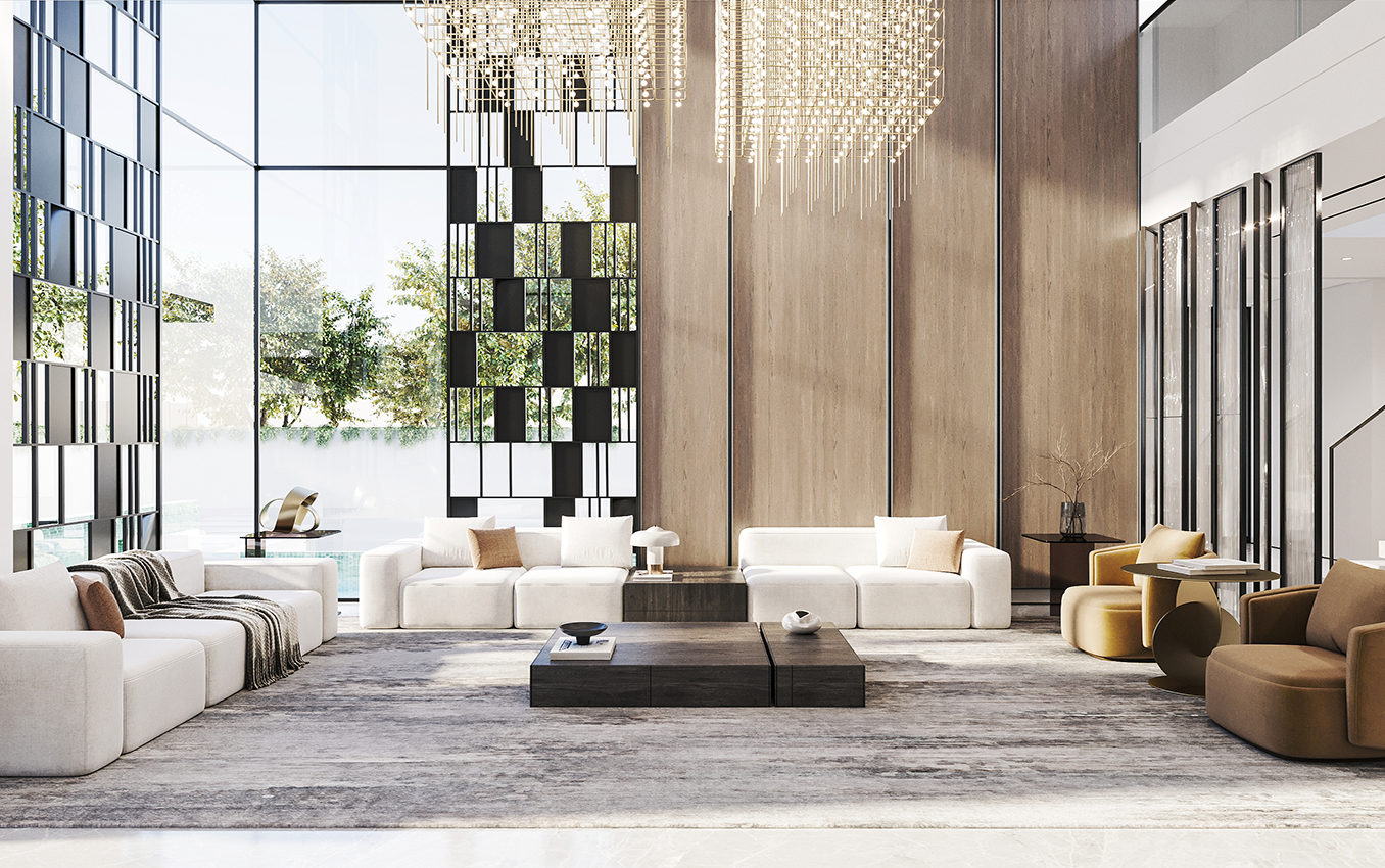 Luxury dining interior design featuring marble tabletop and contemporary seating in an Abu Dhabi villa.