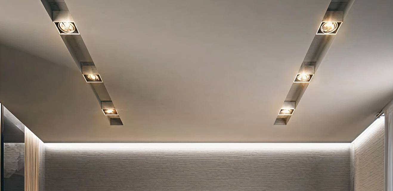 Minimalist living room interior design with floor-to-ceiling windows.