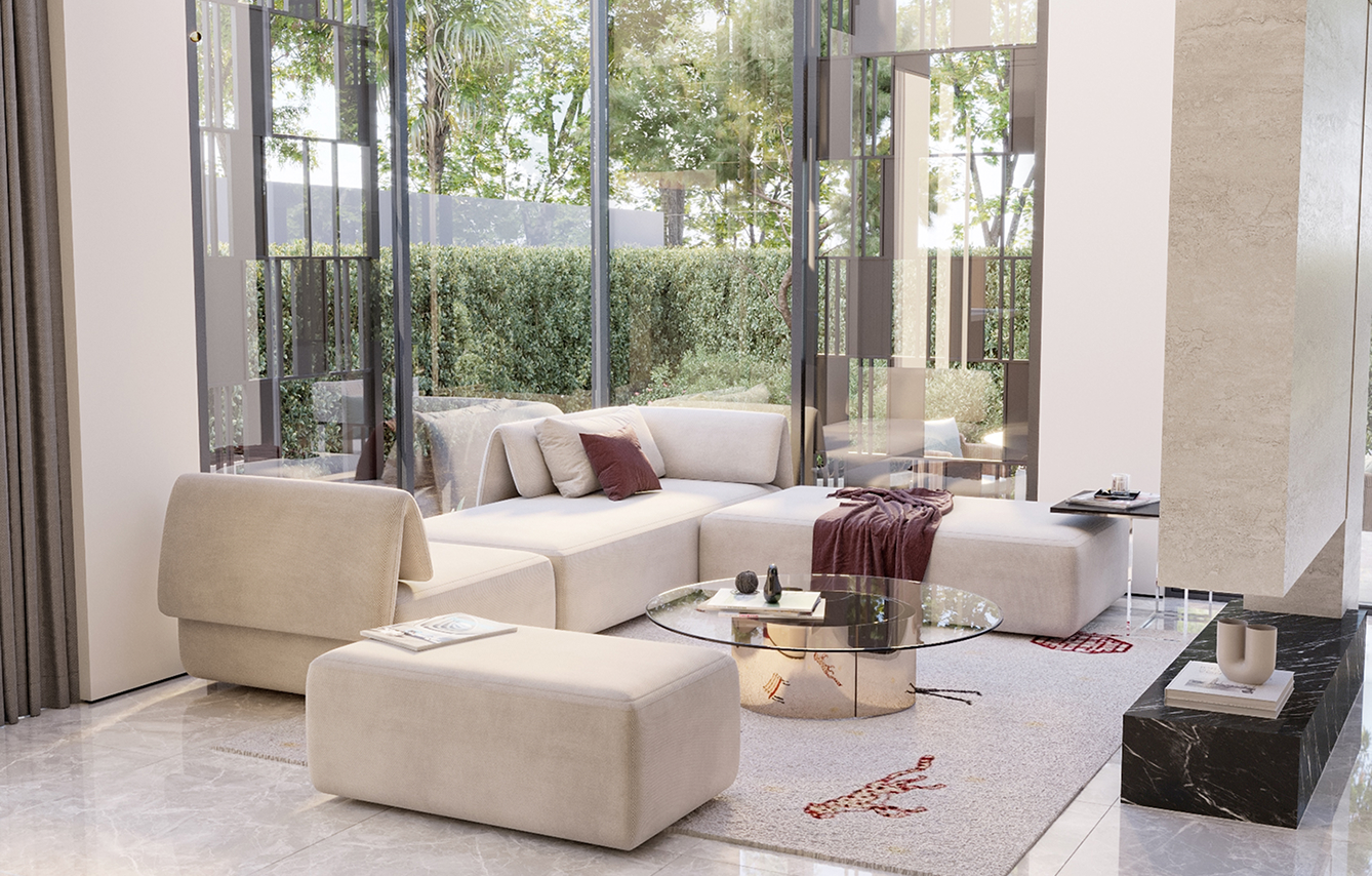Modern living room interior featuring built-in bookshelf and bespoke joinery in Abu Dhabi.