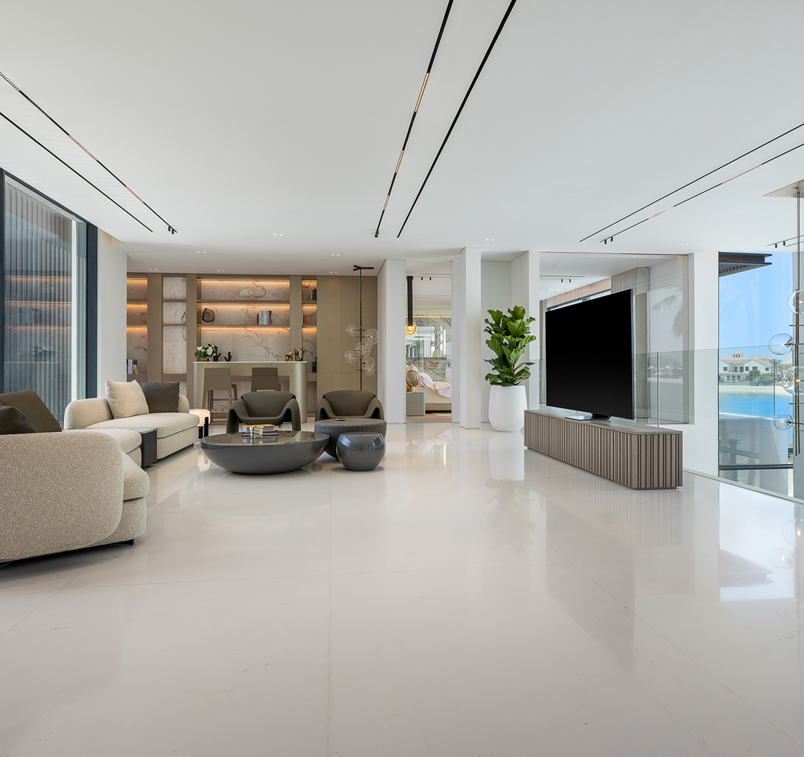 Modern majlis interior design in a luxury villa in Dubai by an award-winning interior design firm.