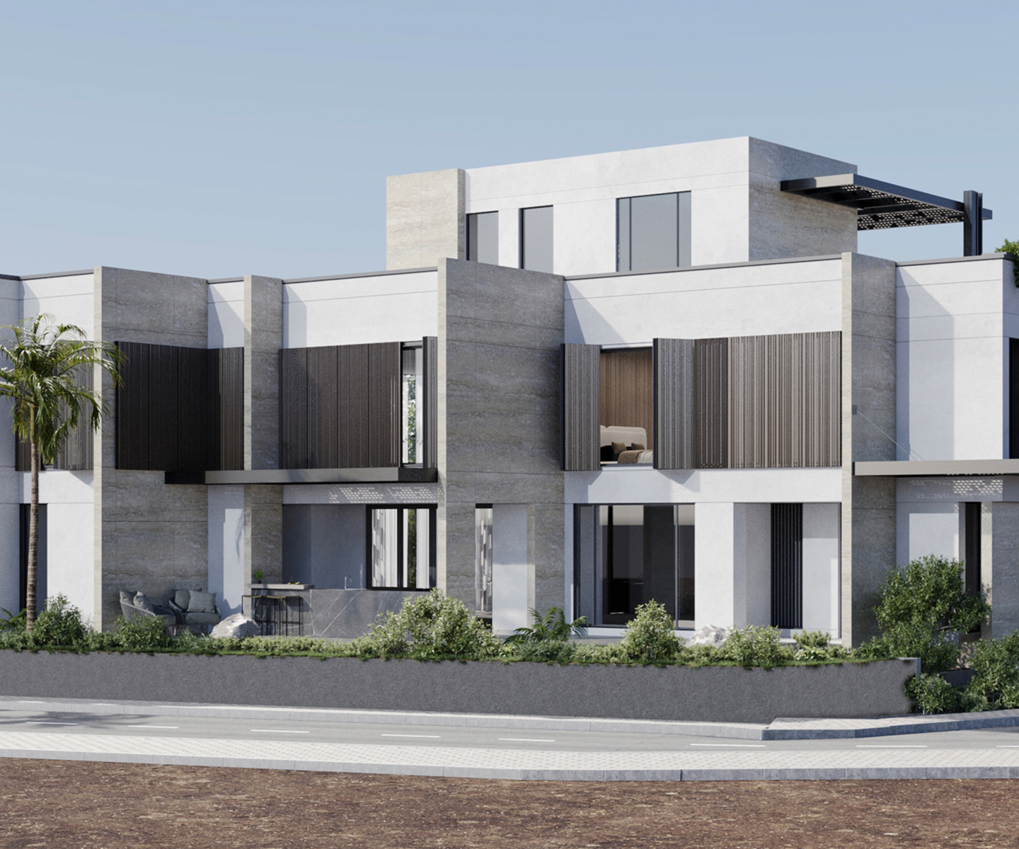 Modern villa in District One with lush landscaping, pool, and premium interior fit out.