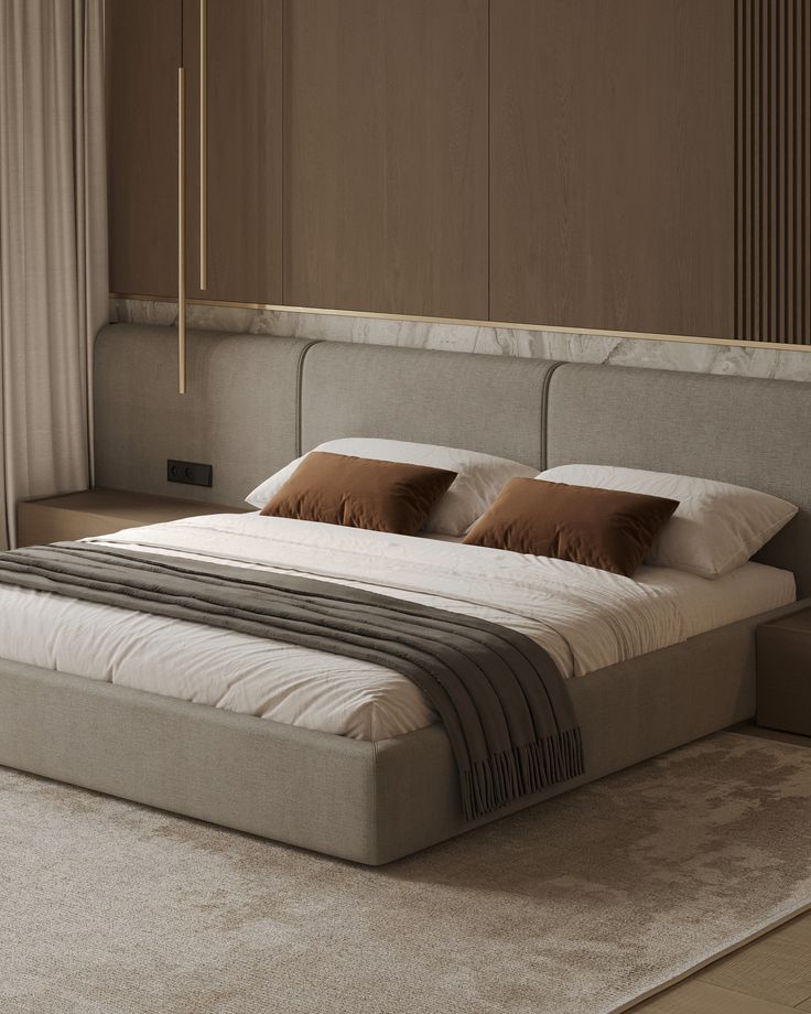 Modern luxury bedroom layout for a villa with an upholstered bed, custom wood wall panels, marble accents, and contemporary interior design
