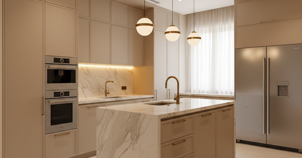 Modern beige kitchen with a marble waterfall island and gold pendant lighting in a Dubai home.