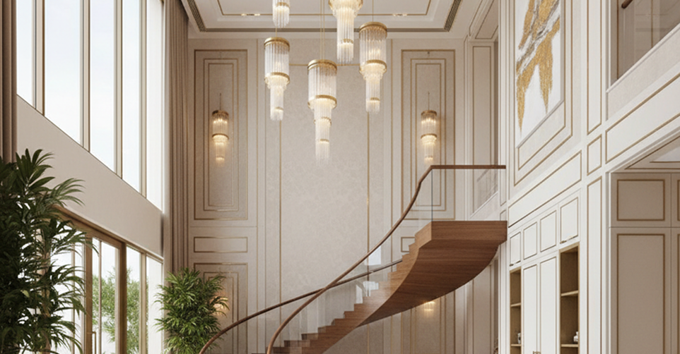 Curved wooden staircase under crystal chandeliers in a double-height Dubai villa entrance.