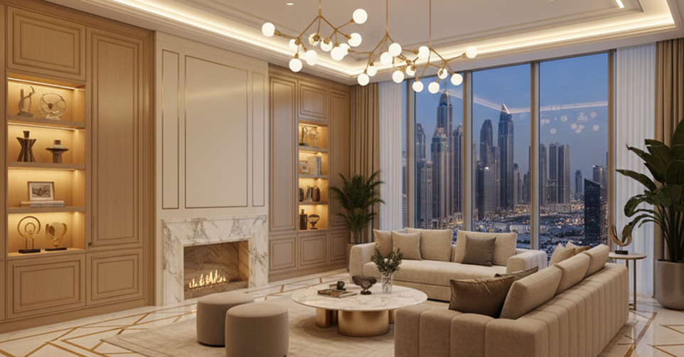 Luxury living room with a marble fireplace and Dubai Marina skyline view.